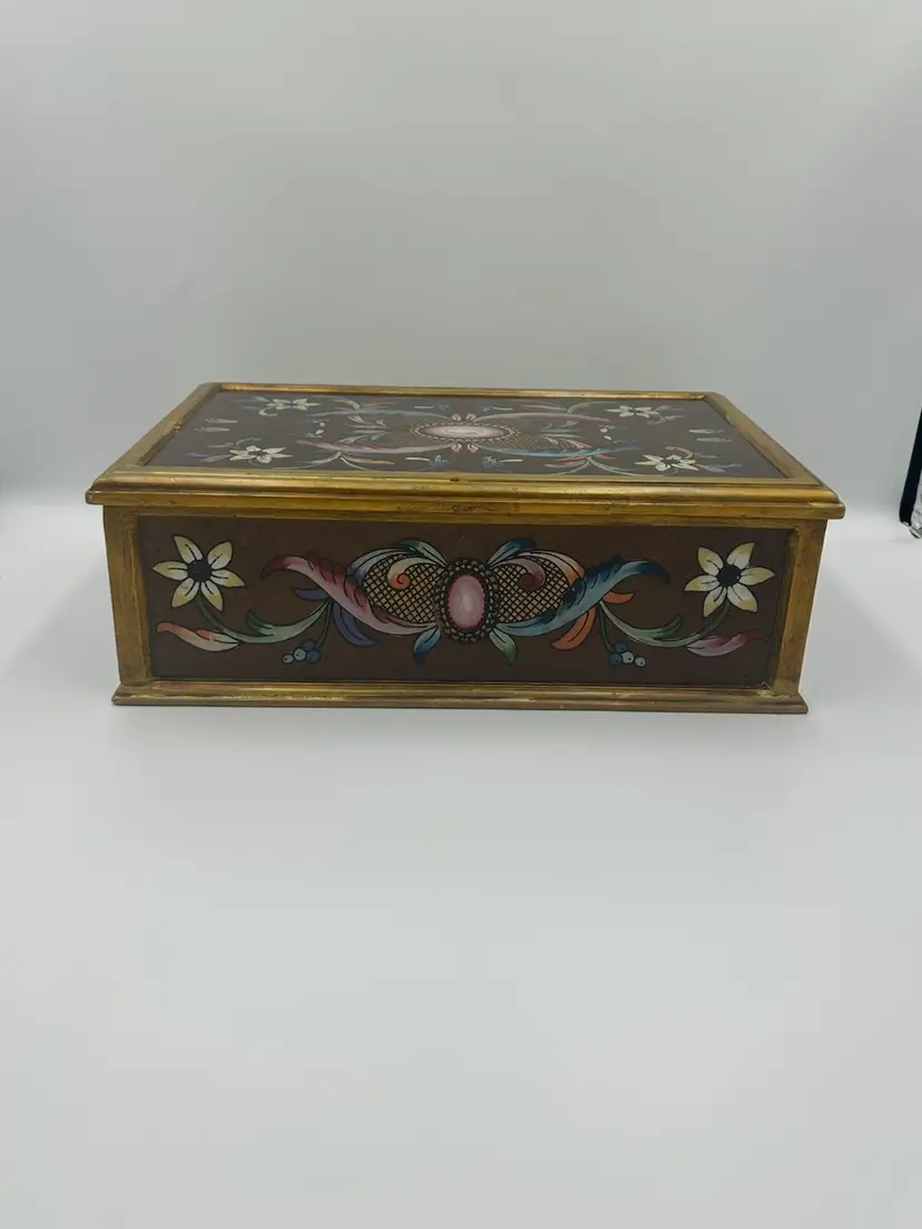 Reverse Painted Floral Glass Folk Art Wooden Box