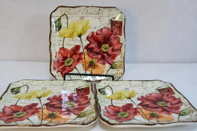 Pier 1 Imports Earthenware Le Fleur Poppies Square Dinner Salad Plates Lot of 3