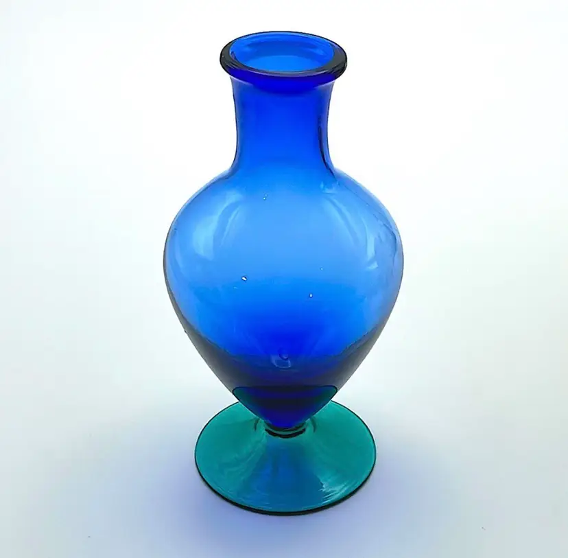 Glass Bud Vase, Gorgeous Cobalt Blue Body and Teal Green Base, 5” Tall