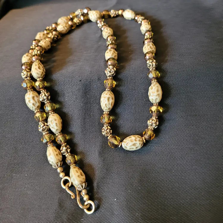 Handmade Czech Republic Glass Beaded Leopard Print & Amber Necklace 32 in