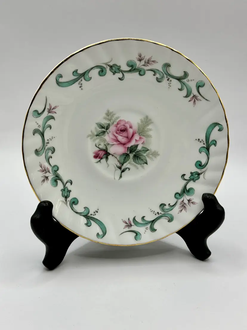 Vintage Rosina Pattern Rose Floral Porcelain Collector Trinket Dish Plate Saucer, Pink Rose Design with Gold Trim, Unbranded, Made In England