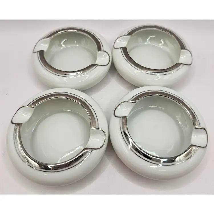 Set of 4 Vintage Fukagawa Arita White & Silver Band Ashtrays/Chop Stick Rests