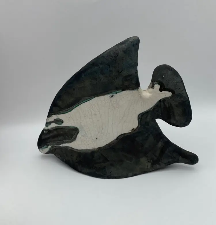 Raku Fired Pottery, Angel Fish, Black Iridescent with White Crackle Glaze and Green Accent, 7.5” Long. Beautiful Piece!