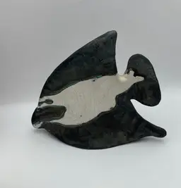 Raku Fired Pottery, Angel Fish, Black Iridescent with White Crackle Glaze and Green Accent, 7.5” Long. Beautiful Piece!