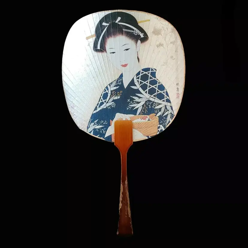Geisha Japanese Fixed Fan Hand Held Paper Graphic 4½" X 7½” Vintage with ISSUES
