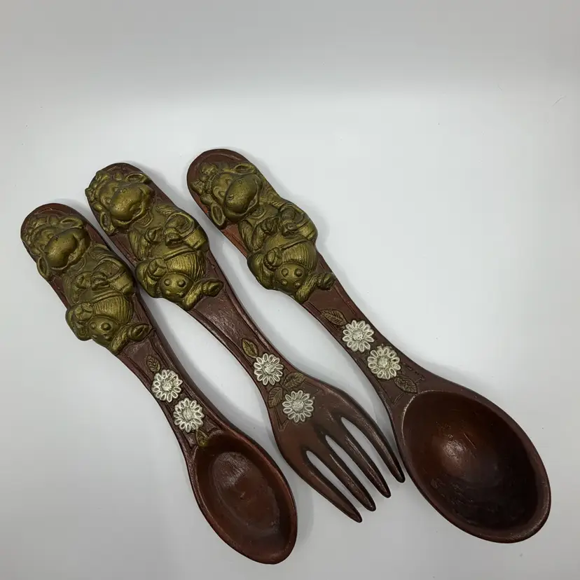 3 MCM Ceramic Gold Finish Happy Cows In Bows Fork Spoon Ladle Kitchen Wall Decor