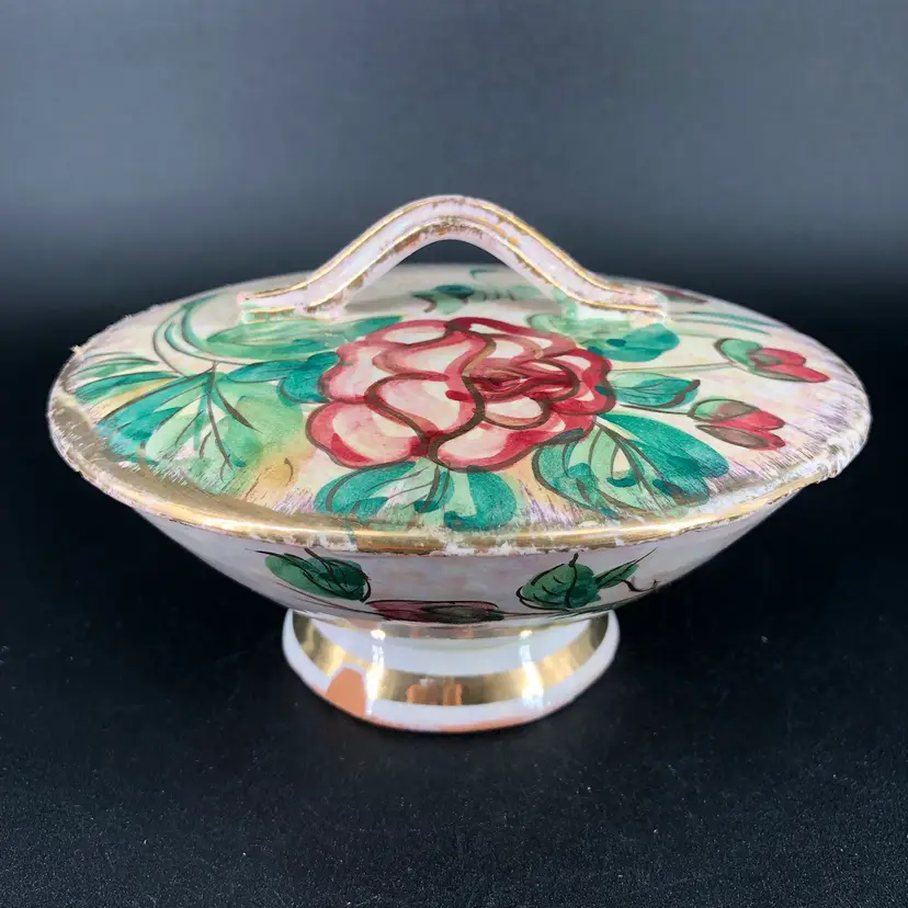 Vintage Italian Pottery Floral Trinket Dish with Lid AS IS
