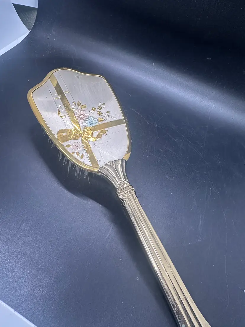 61. VTG Matson-style gold-tone vanity hair brush. 1950s