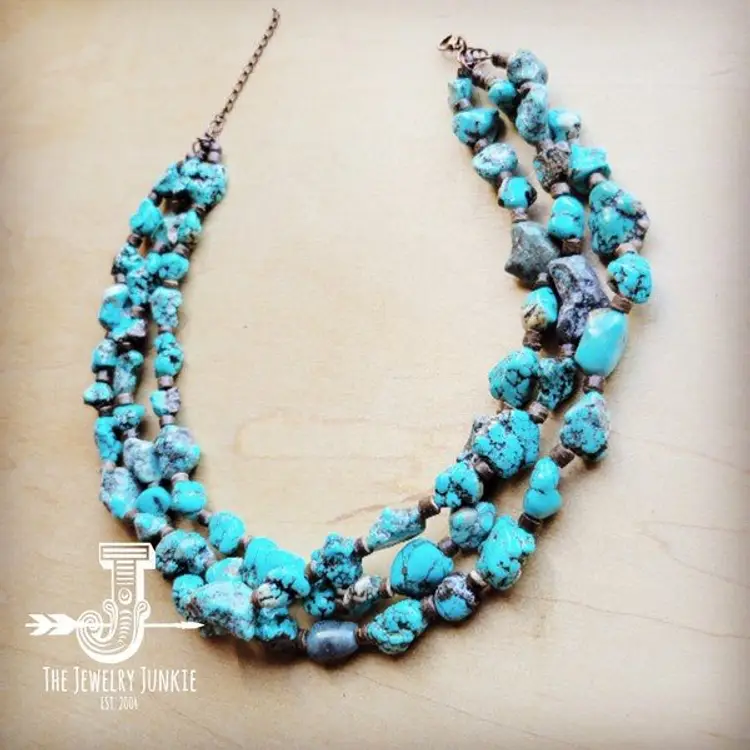 Large Triple Strand Blue Turq&Wood Collar Necklace