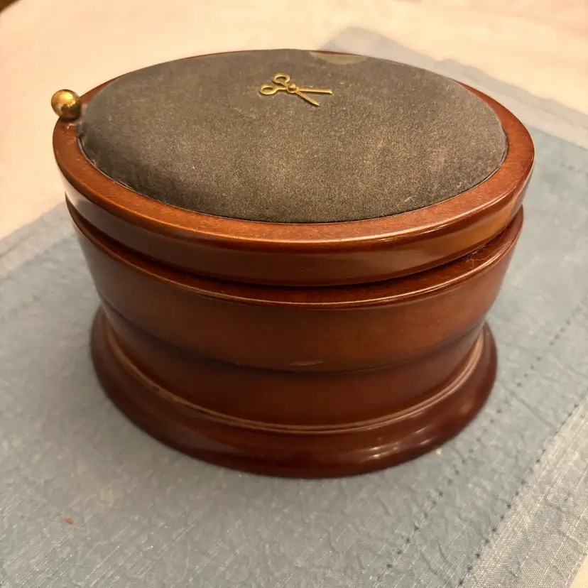 Bombay Sewing Box Wood W/Pin Cushion Top 3 Tier Swivel 7x5x4.5” Vintage 1996
