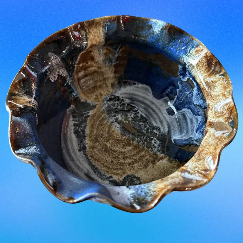 Art Pottery Stunning Blue, Brown,Tan Ruffle Edge Bowl Signed Ex Workmanship