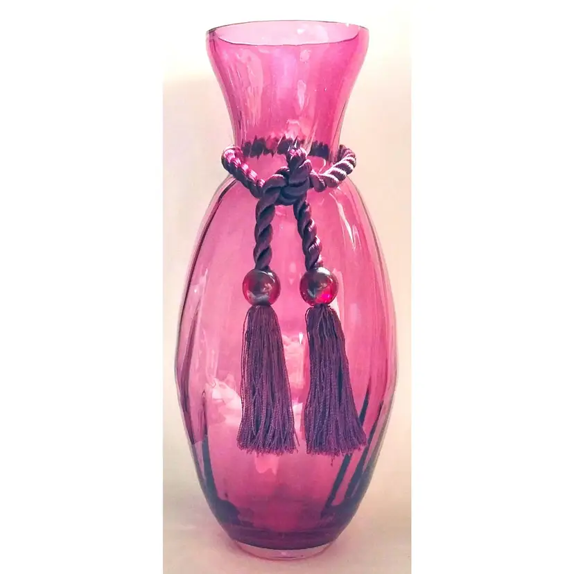 Vintage & Scarce, Pilgrim CRANBERRY GLASS Optic Swirl Panel Vase W/Rope & Tassels