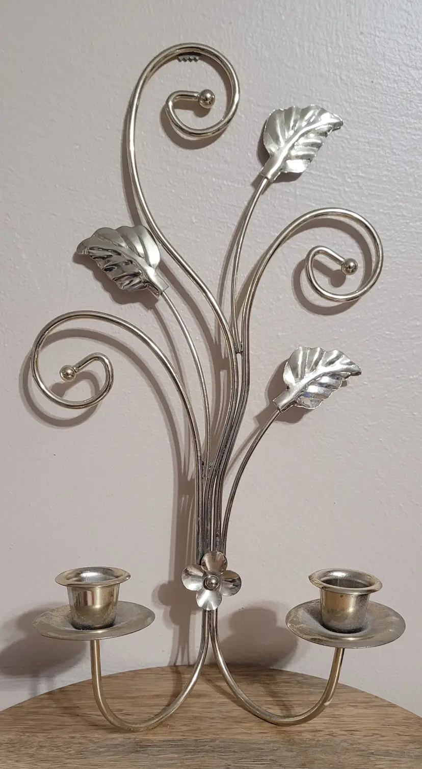 Metal Goldtone Wall Hanging Double Candle Holder Scroll Design 15" x 7"