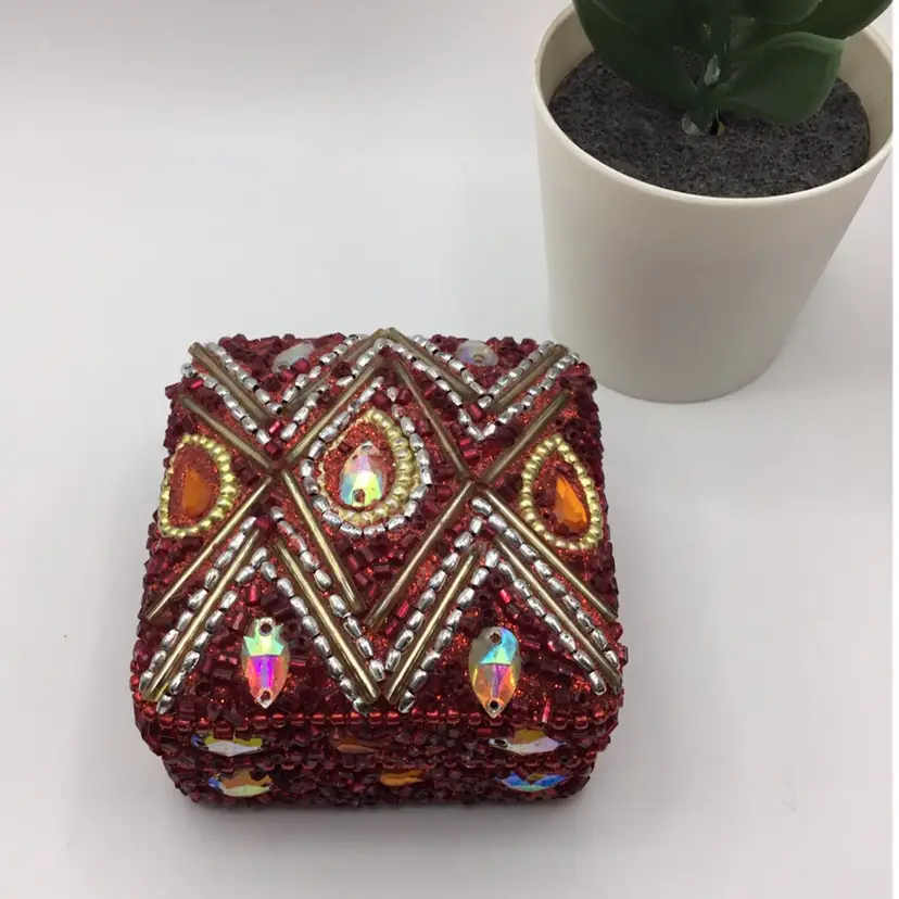 T14. Red Hand Beaded Metal Trinket Box