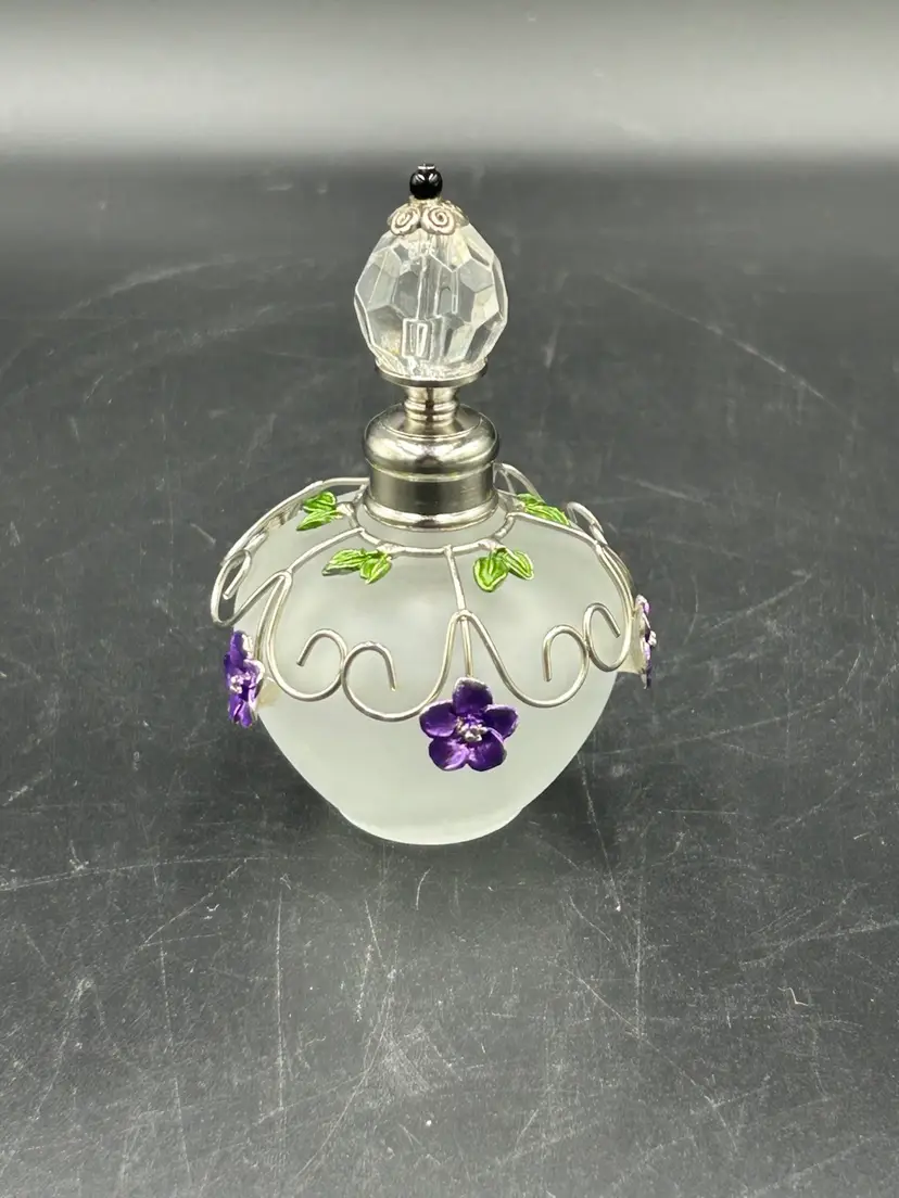 Frosted Glass Perfume Bottle With Solver Wire & Enamel Purple Flowers