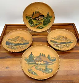 Set of 4 Vintage German Hand Painted Wooden Plates Wall Hanging Decor Mittenwald