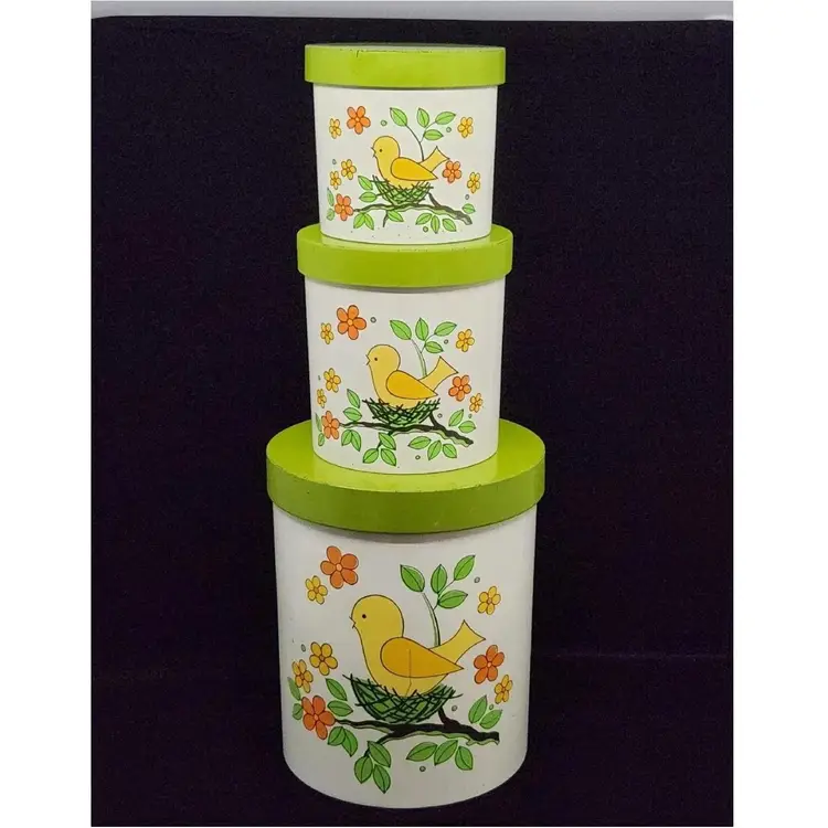 Vtg Set Of 3 Bird On Nest Canisters Melamine Japan Lorrie Designs MCM 1970s