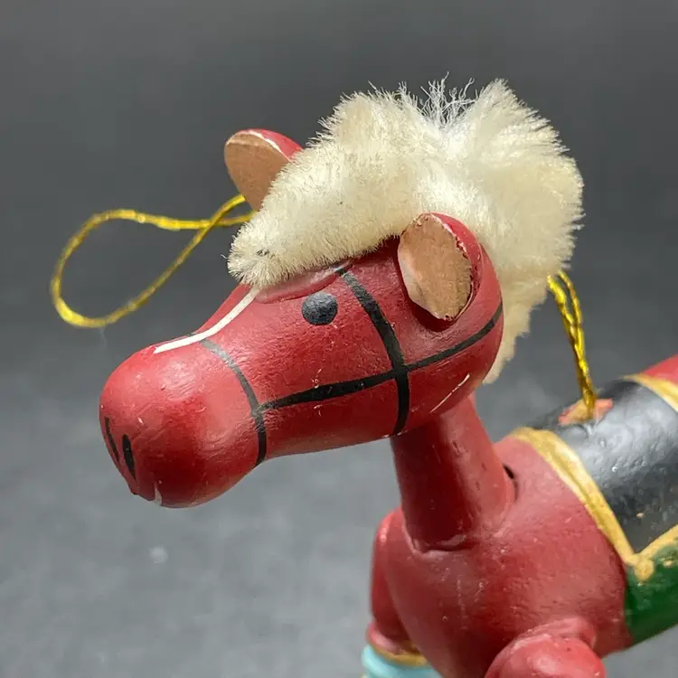 Wooden Rocking Horse Hanging Christmas Ornament Kitsch Kitschy Vintage Holiday