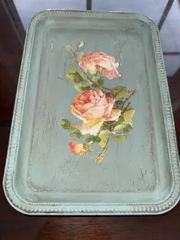 Vintage Inspired painted blue Floral Serving Tray; distressed