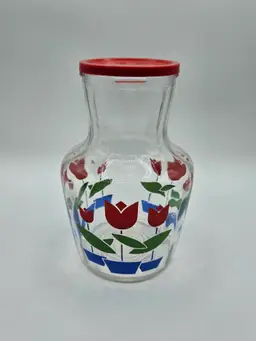 Red Tulip 7.5"H Glass Jar w/Lid Anchor Hocking/Fire King?