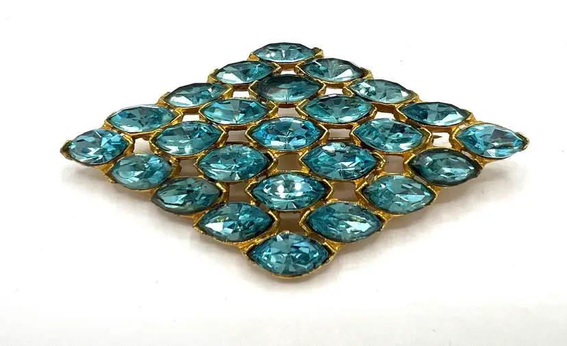 Vintage Aqua Glass Brooch, Prong Set Rhinestones in Diamond Shape, Gold Setting