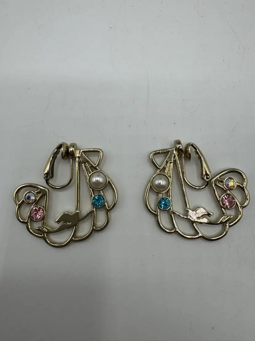 Disney The Little Mermaid Clip On Earrings Rhinestone & Faux Pearl From Japan