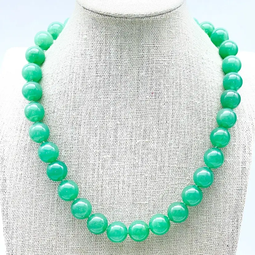Glass Bead Choker Necklace Green Beads Silver Tone 17538