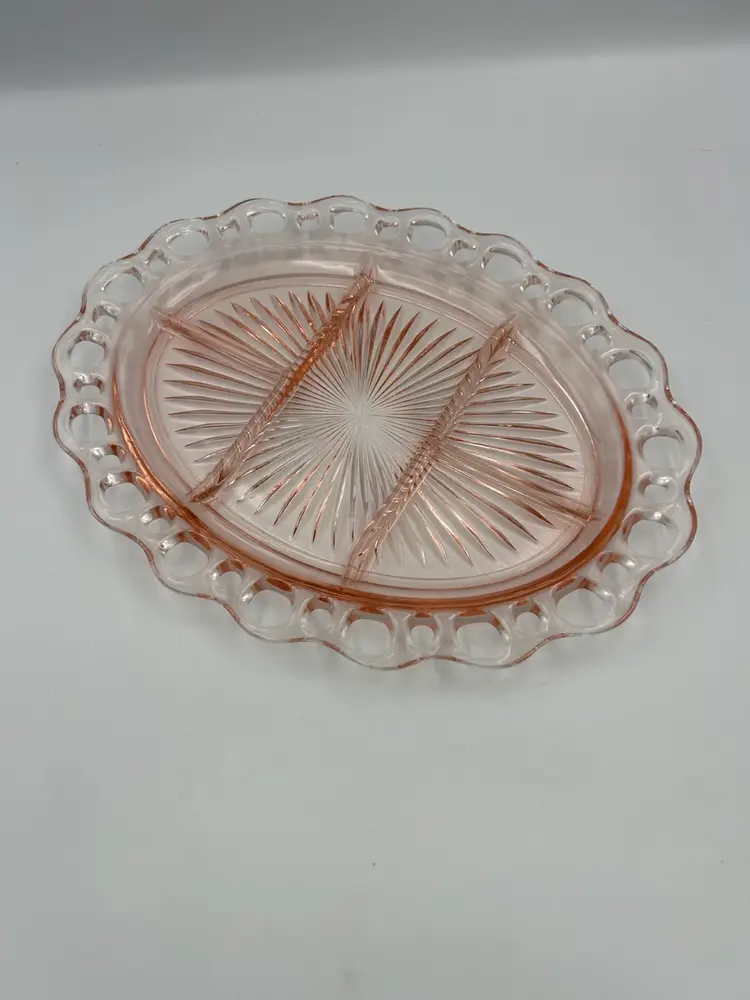Vintage Anchor Hocking Pink Depression Glass Old Colony, Open Lace, Five Section Divided Oval Serving Dish