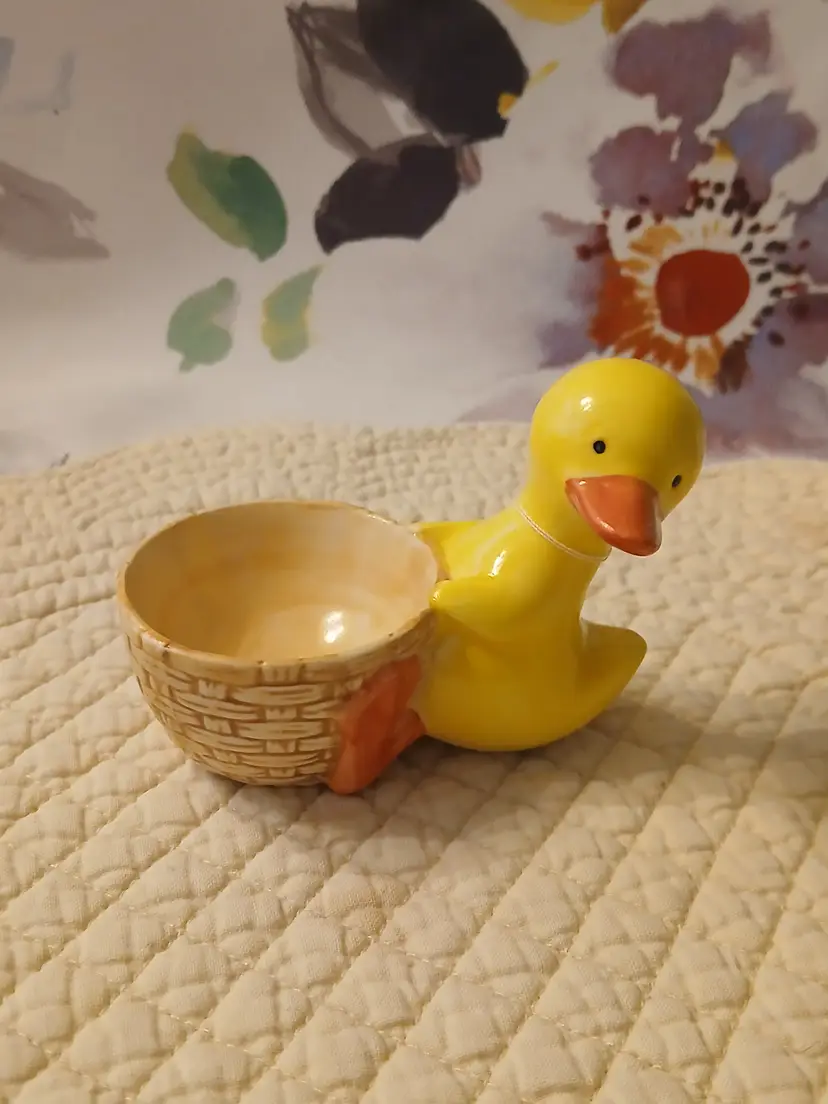 NWT RUSS Porcelain Duckling Sitting With Basket Egg Holder Easter