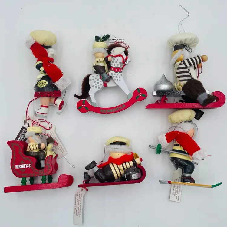 Set of 6 Kitschy Wooden Hershey Christmas Ornaments 90s