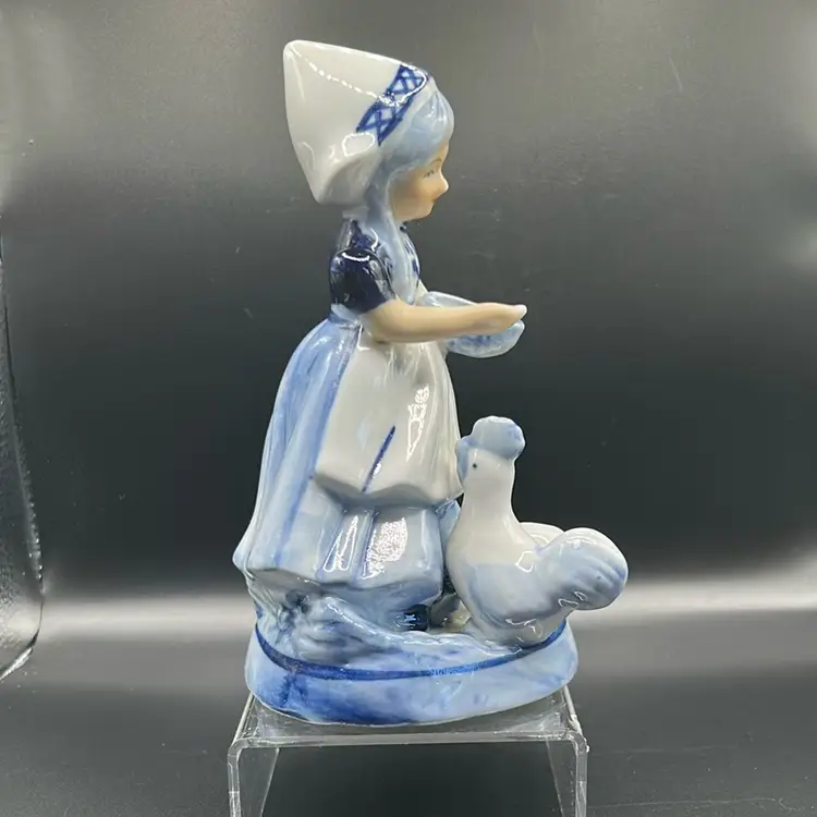 Vintage Delft Blue Girl Feeding Geese