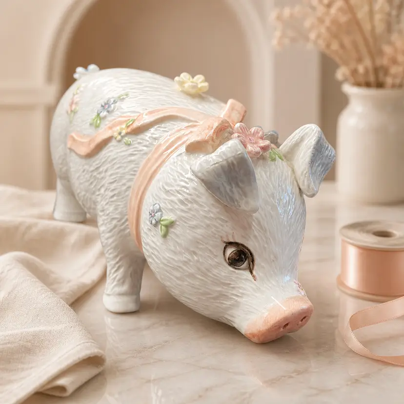 1980's Large Hand Painted Pottery Pig w/ Ribbons and Flowers, by J. McClelland