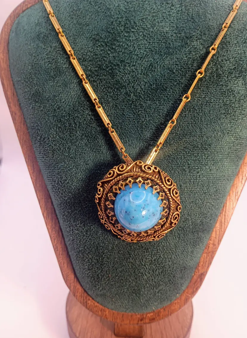 Rare Vintage Brass and Turquoise Glass Pendant/Brooch Necklace