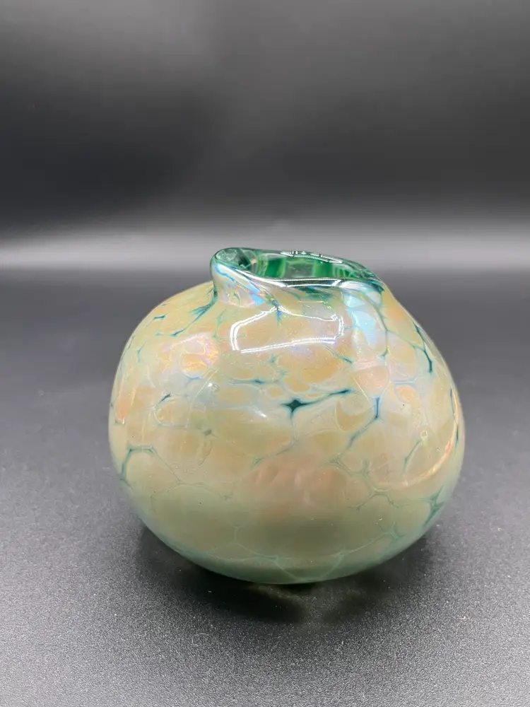 Green & Tan Speckle Iridescent Blown Art Glass Bulbous Vase 2”
