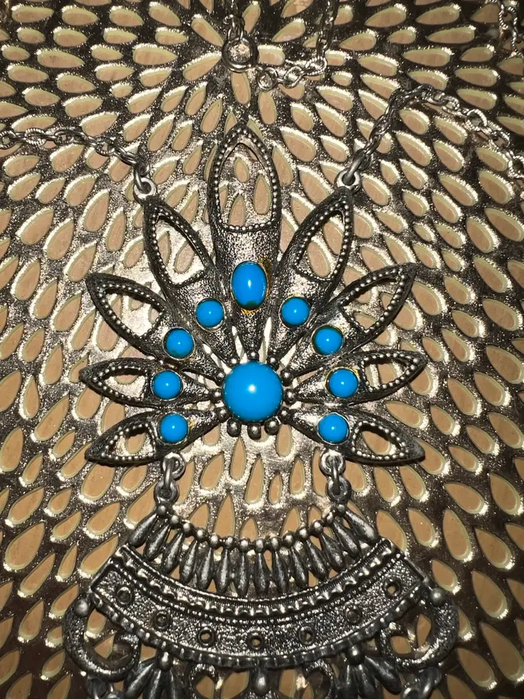 Faux Turquoise Silver Metal Fringe Necklace, Squash Blossom Design, Statement Necklace