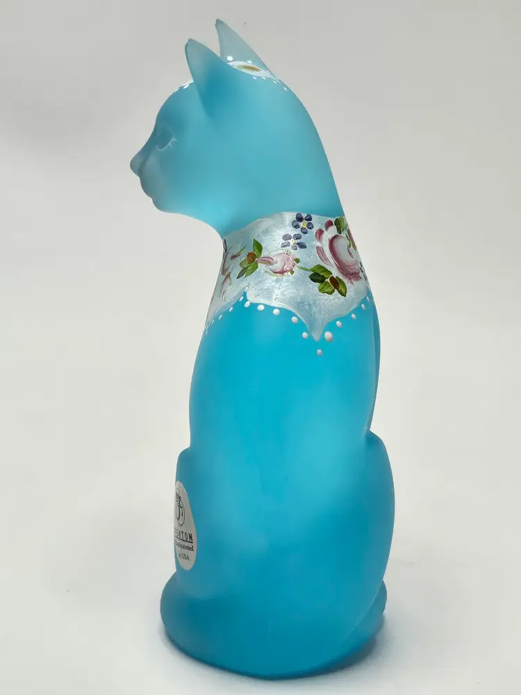 Fenton Art Glass "Fenton Favorites" Blue Satin Glass Cat Figurine Hand-Painted