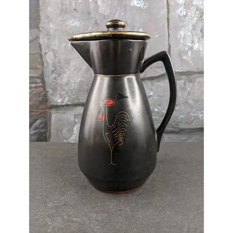 Black Redware Coffee Milk Tea Covered Pitcher Server Rooster Chicken 50s MCM