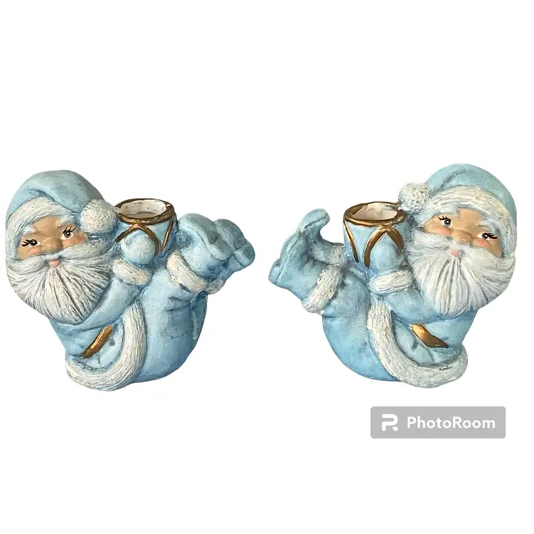 Vintage MCM Pair Of Santa Ceramic Candlestick Holders Hobbyist Painted Blue White & Gold