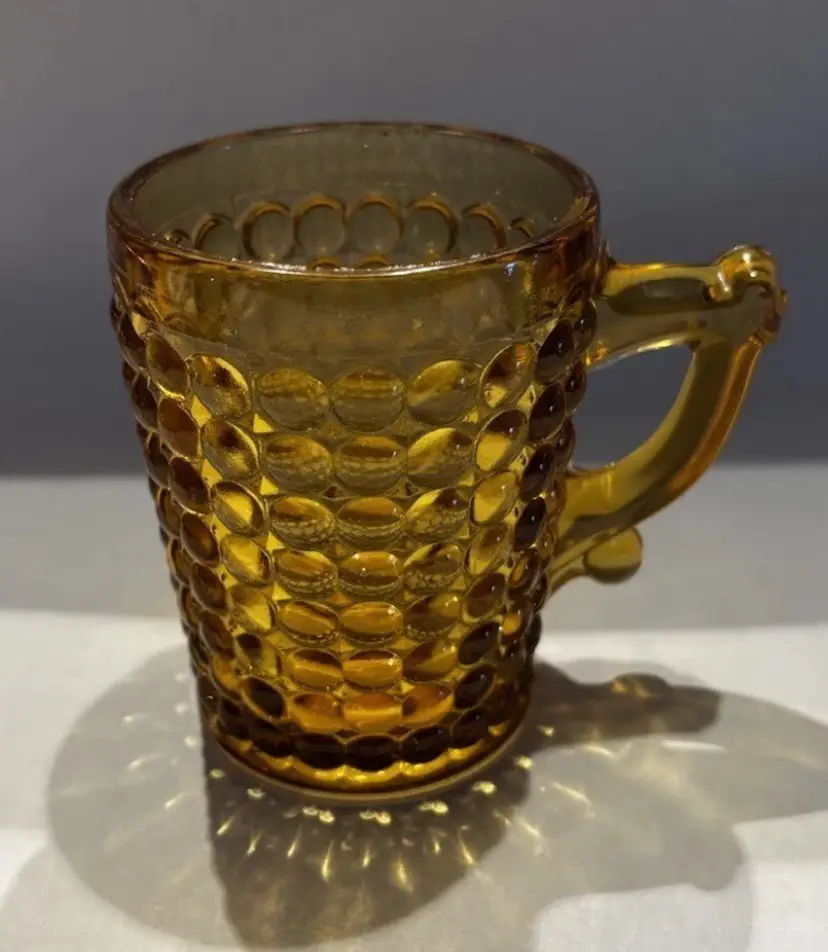 Adams Glass Company Hobnail “Three Knob” Amber 3.5” Glass With Handle 1885 EAPG