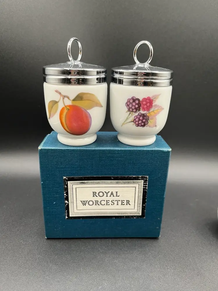 Pair Of Mini Royal Worcester “Evesham Gold King” Porcelain Egg Coddlers with Original Box 3”🥚