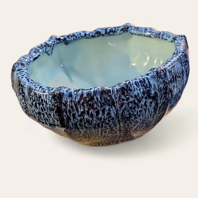 Gorgeous Blues Studio Art Pottery 7" Bowl Contrast Colors Drip Glazes
