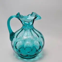 Vintage Fenton Aquamarine Teal Thumbprint Pitcher Applied Handle Ruffled Top