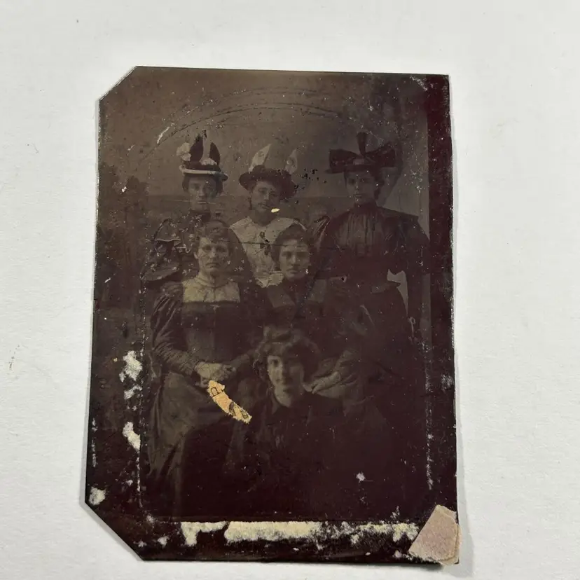 Tintype Six Stern Women in Black Dresses Curly Hair and Fancy Hats