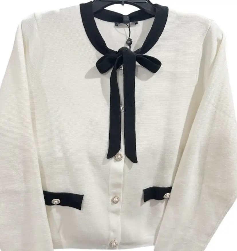 Adrianna Papell Cardigan Cream Black Contrast Long Sleeve Bow Sweater Elegant $109 MSRP Large