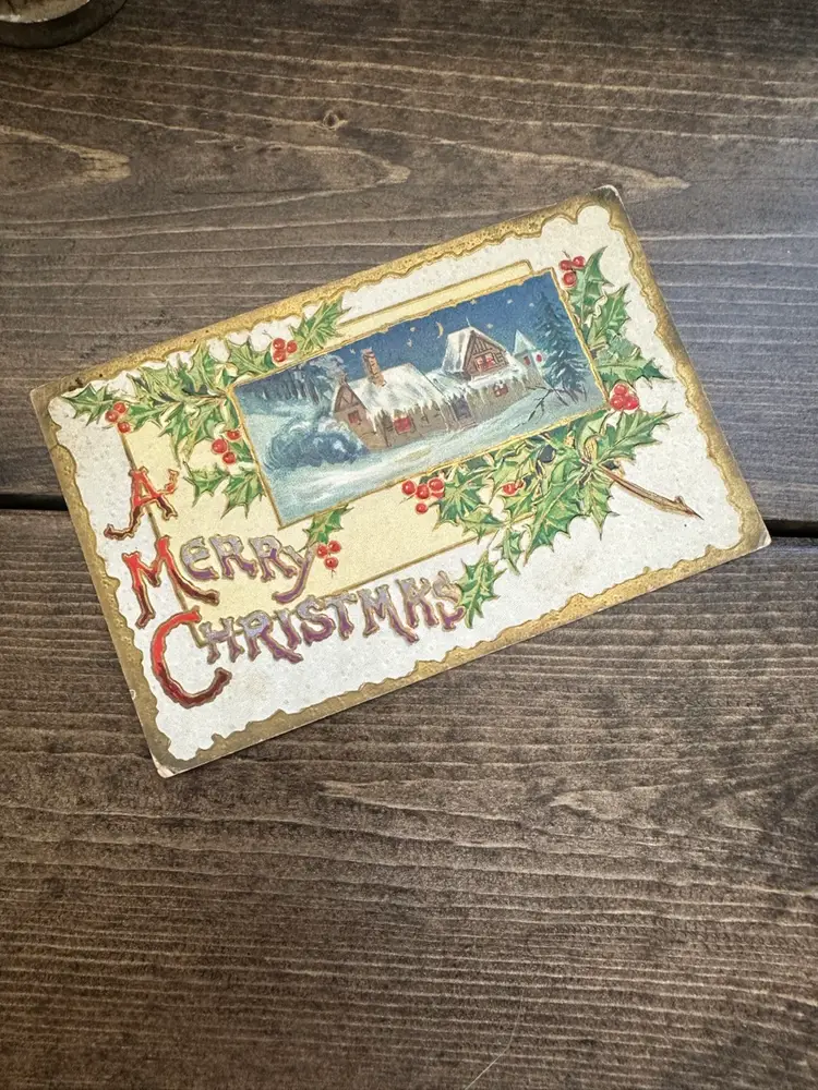 Antique Red Green Gilded Merry Christmas Postcard, Posted 1910