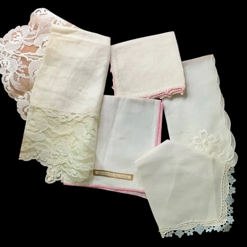 Lot Of (5) Doll Blankets/ Handkerchief , 10” Square, 9” Square, 6” Square, 10”x11”,  12” Square Vintage Lace Handkerchief Collection