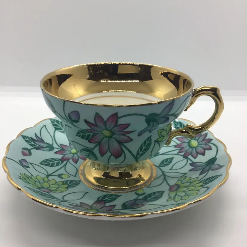 ROSINA Turquoise Blue Floral Bone China Tea Cup and Saucer England Gold Gilt
