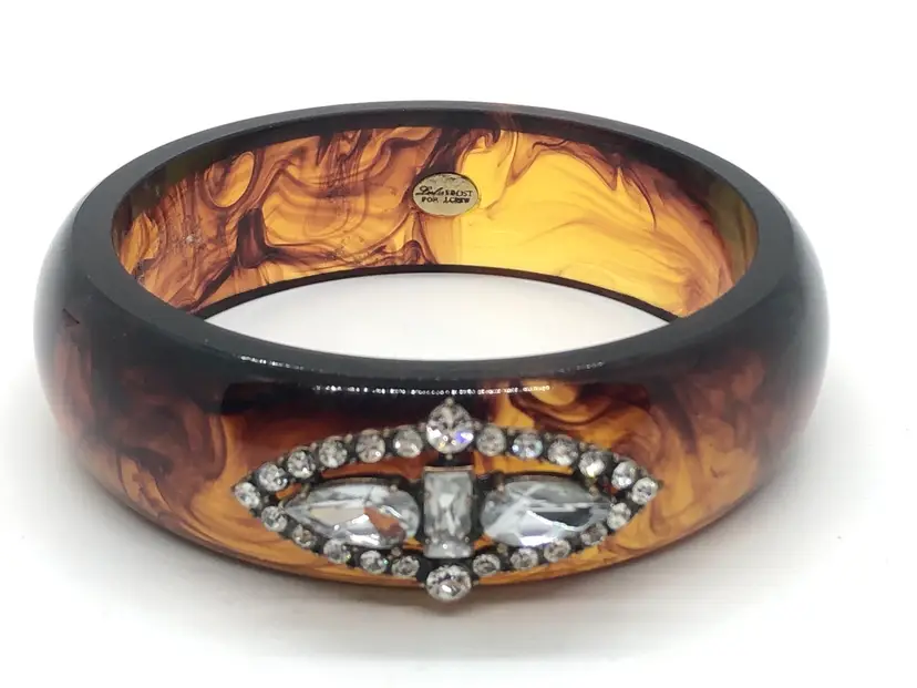 VINTAGE LULU FROST FOR CREW BROWN TORTOISE SHELL RHINESTONE CRYSTAL BRACELET BANGLE