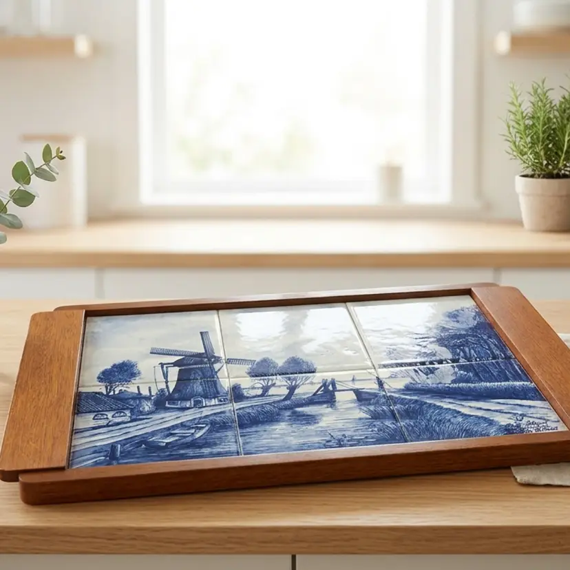 Delft Blauw Handpainted 6-Tile Wooden Serving Tray Or Wall Decor Windmill Scene