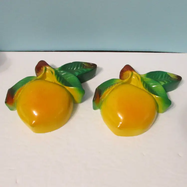 lot of 4 vintage chalkware fruit kitchen wall decor peach and cherry